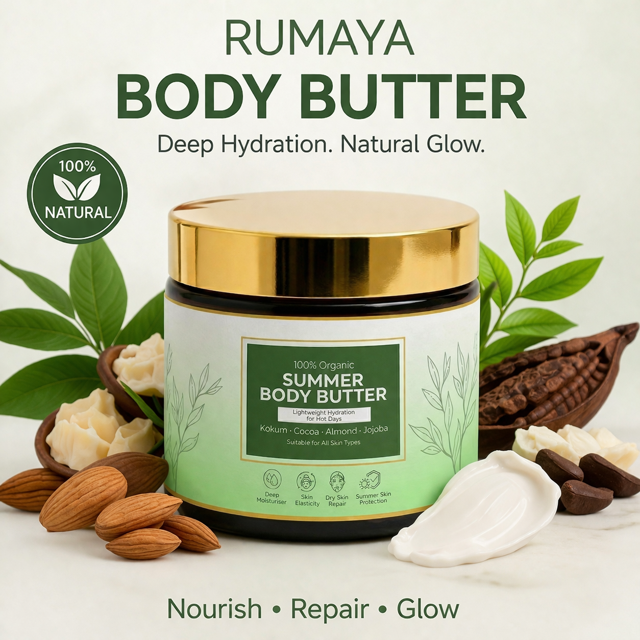 Rumaya Body Butter for Dry Skin 35gm | Deep Moisturizing Cream with Kokum & Cocoa Butter | 100% Natural Hydrating Skin Care | Soft & Glowing Skin | No Parabens
