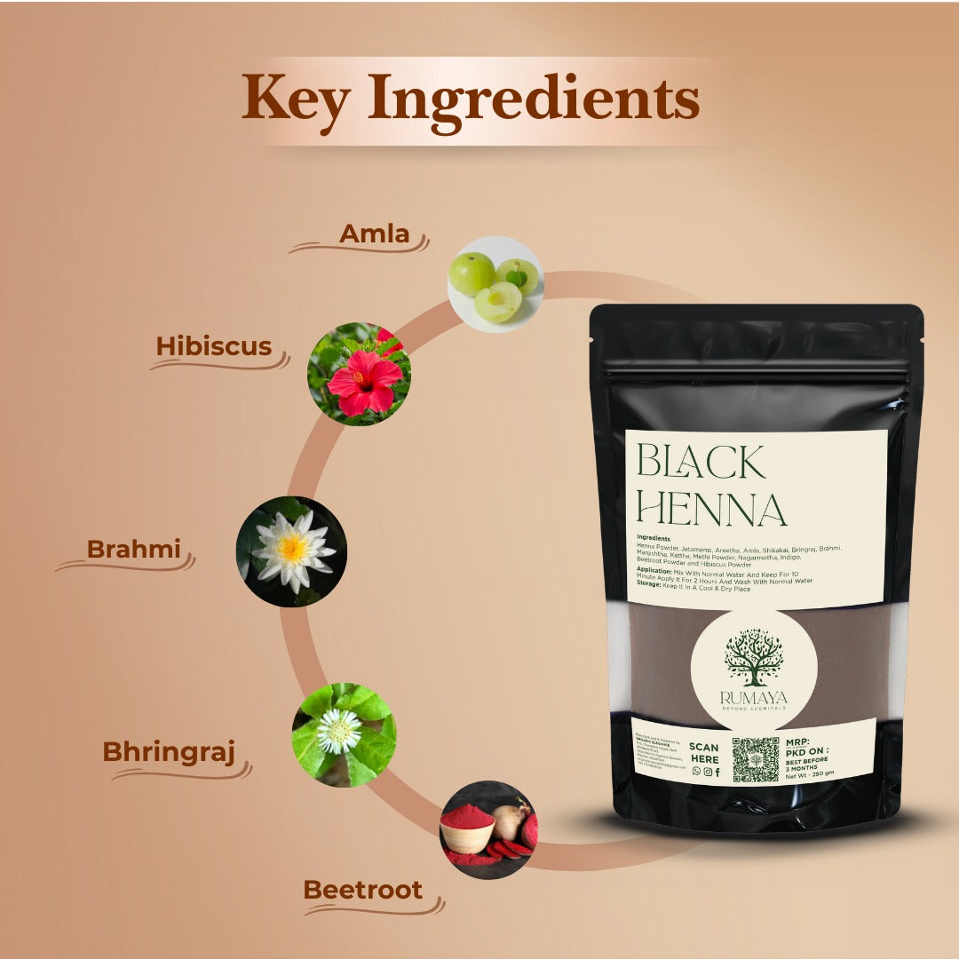 Rumaya Black Herbal Henna – Natural Grey Coverage with Added Hair Strength & Shine | 200 g
